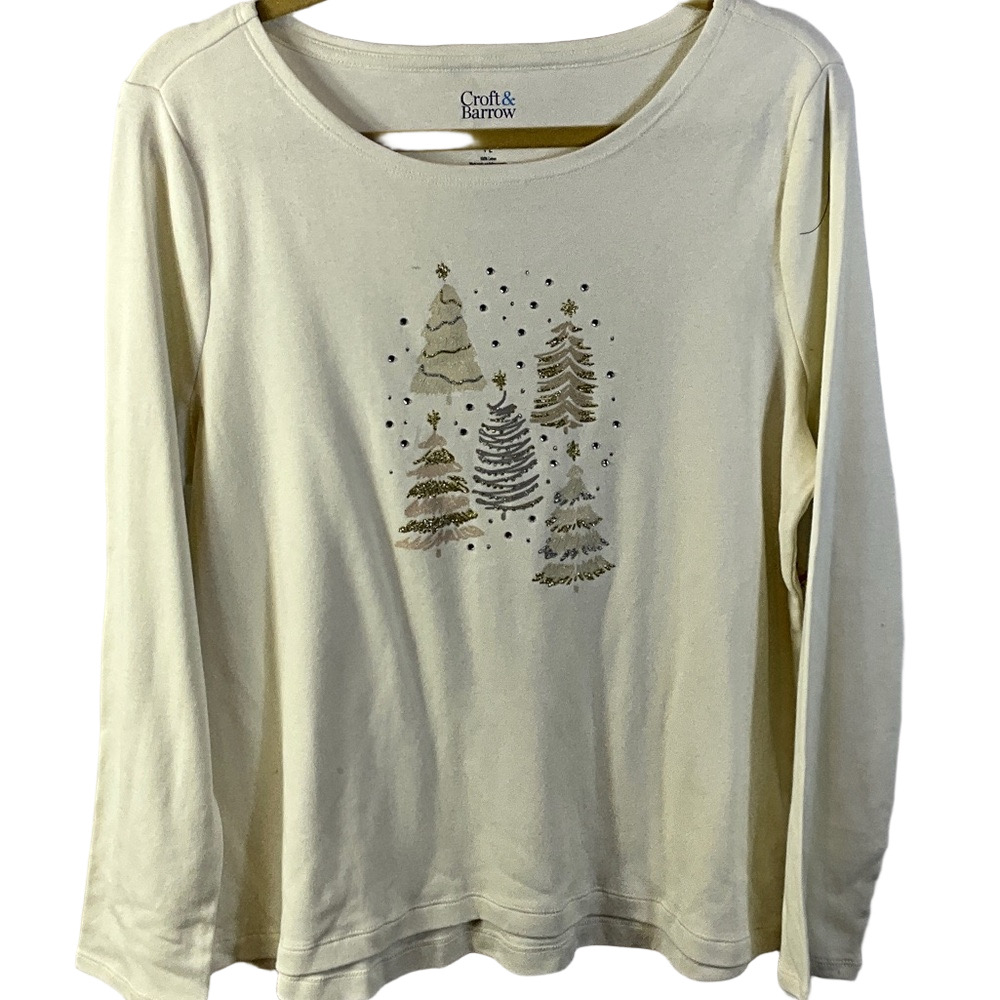 Croft & Barrow Holiday Cream Long Sleeve Tee Sparkle Design Size Petite Large